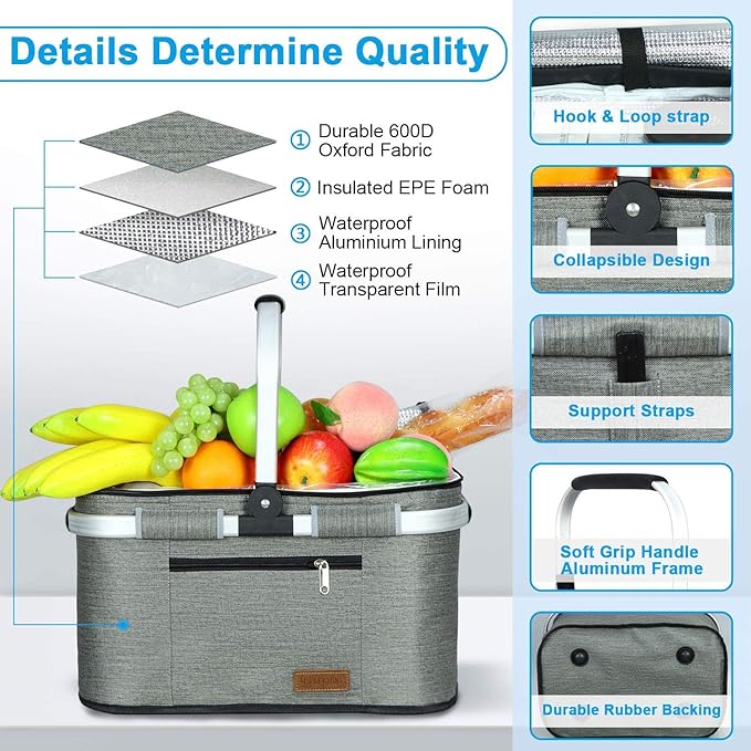 LIQING 35L Large Picnic Basket 2 Layers of Internal Pockets Leak-Proof and Insulated ，Folding with Internal Support for enhansed Stability, Wedding Gifts for Couple(Grey)