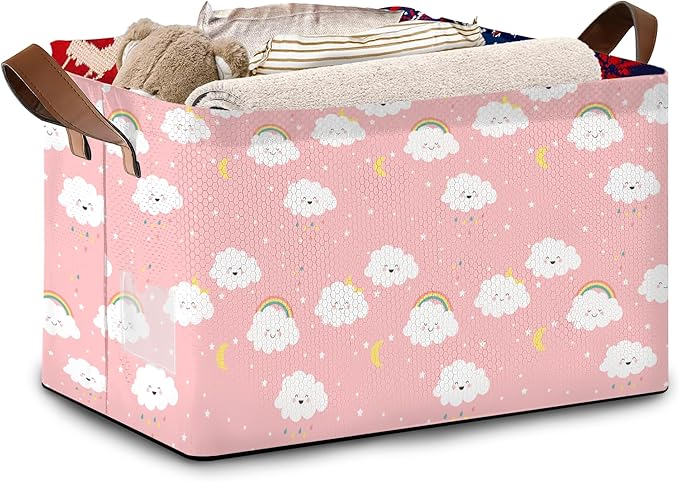 Pink Cloud Storage Basket Large 17x11.5x10.5 Inches - Collapsible Fabric Organizer Bin with Handles for Nursery, Girls Room, Toys - Foldable Decorative Hamper with Soft Fluffy Design - Single Pack