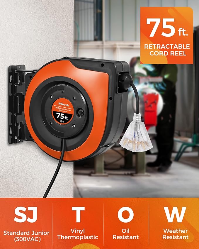 Retractable Cord Reel, 75 FT Heavy Duty Extension Cord, 14AWG/3C SJTOW, 3 Grounded Outlets Lighted Triple Tap, 10A Circuit Breaker, Wall/Ceiling Mounted, UL Listed, Black B75CR06