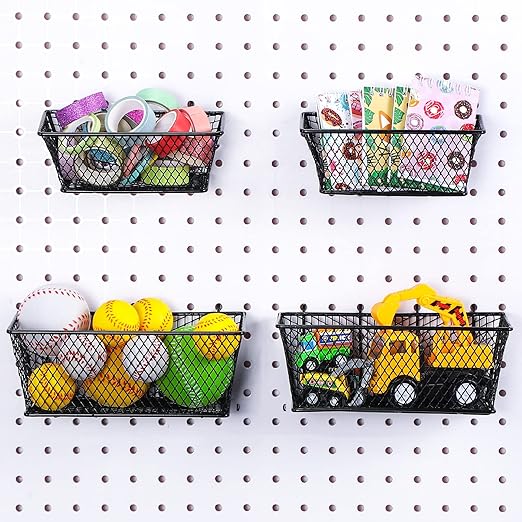 Sieral 4 Pcs Black Pegboard Baskets Metal Wire Shelf Baskets Peg Board Organizer Accessories Wall Mount Organizer Attachments for Garage Workbench Various Tool Accessories, 2 Sizes (Small, Medium)