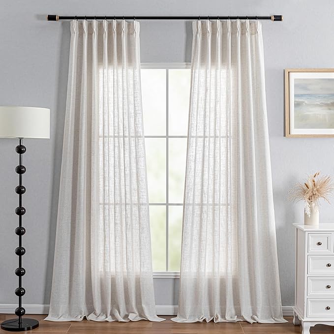MYSKY HOME Linen Curtains for Sliding Door 96 Inches Long, Farmhouse Semi Sheer Ceiling Curtains Living Room Light Filtering Pinch Pleated Elegant Style Soft Fabric, 40" x 96", Linen, 2 Panels