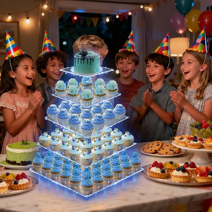 YestBuy 5 Tier Cupcake Stand Acrylic Cupcake Tower Display with LED Light Premium Cupcake Holder Dessert Tree Tower for Birthday Cady Bar Party Décor Weddings, Birthday Parties Events (Blue Light)