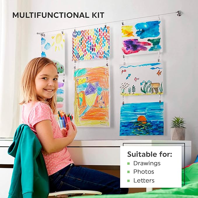 Art Display for Kids Artwork - 10ft Alloy Steel Wire with 48 Clips | Willow & Eva