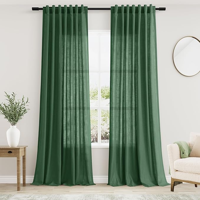 Nanspring Green Linen Curtains for Living Room 2 Panels Set Extra Long Back Tab Light Filtering Semi Sheer Curtain Drapes for Bedroom Neutral Farmhouse Ceiling to Floor for Large Window 52x100