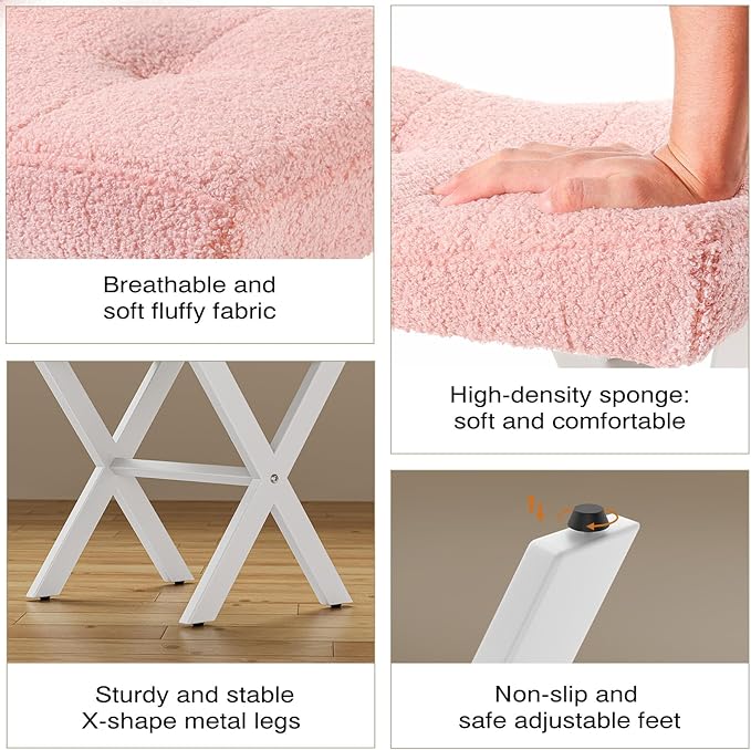 18-Inch Vanity Stool Chair, Vanity Bench with Metal X-Legs, Ottoman Accent Stool with Breathable and Soft Boucle Fabric Saddle Seat, Pink