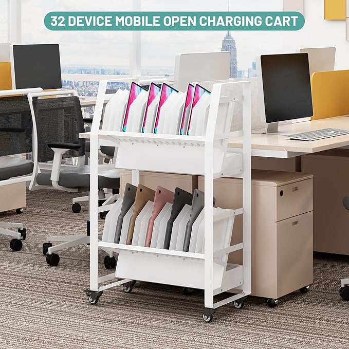 32 Device Mobile Open Charging Cart, Charging Station Rack, Easy Access and Removable Slots, Charging Storage Cart, Cable Management for Laptop Computers, Tablets, iPads, Chromebook for schools