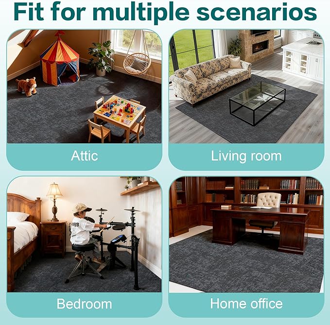 jxgzyy Soft Carpet Tiles 20×20 Inch, 0.38'' Padded Carpet Squares, Non-Adhesive Carpet Flooring with Textured Silicone Back, Easy DIY Seamless SplicingTiles for Corners, 4 Pcs/10.8 Sqft