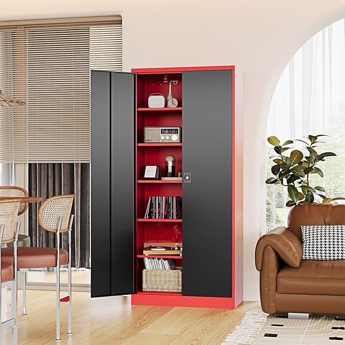 Metal Storage Cabinet-72” Tall Steel File Cabinets with Lockable Doors and Adjustable Shelves-Black&Red Steel Storage Cabinet for Kitchen, Office, Garage