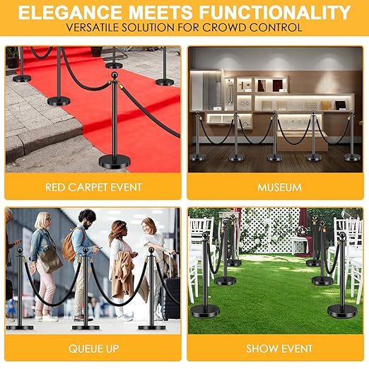 LOVMOR Crowd Control Stanchion, Set with 5 ft/1.5 m Red Velvet Rope, Set of 8 Pieces, Stanchion Rope Divider, Black Queue Barrier Line Divider with Fillable Plastic Base, Airport