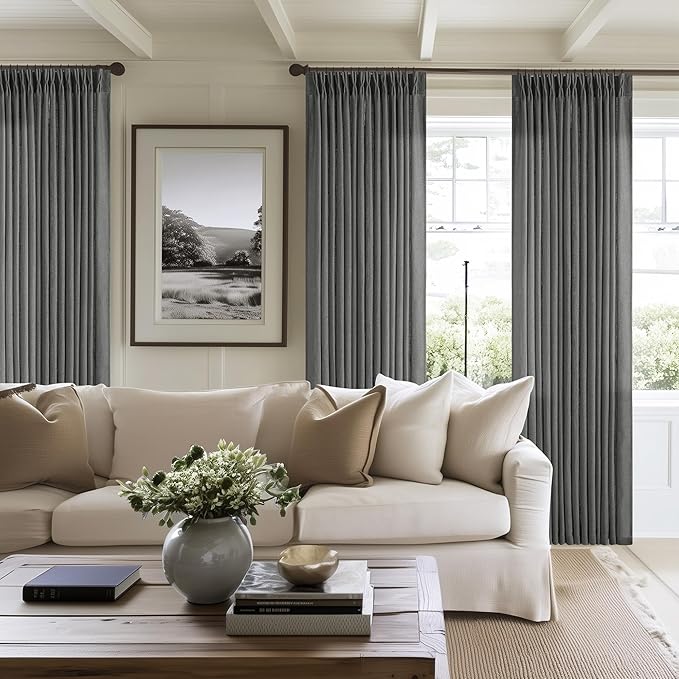 Charcoal Grey Pinch Pleated Linen Curtains 90 Inches Long for Living Room Bedroom 2 Panels Light Filtering Pinch Pleat Hooks Rings Back Tab Dark Grey Modern Farmhouse 90 Inch Window Curtain Drapes