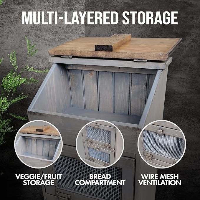 Peaceful Classics Potato Storage Wood Box, Wooden Bread Bins, Decorative Onion Bin w/Grocery Section, Vegetable Storage w/Lid for Kitchen Pantry, Pewter
