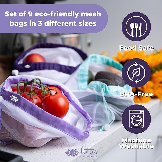 Lotus Trolley Bag Reusable Grocery Cart Bags (Earth Tones) Set of 4 and Reusable Netted Produce Mesh Bags Set of 9