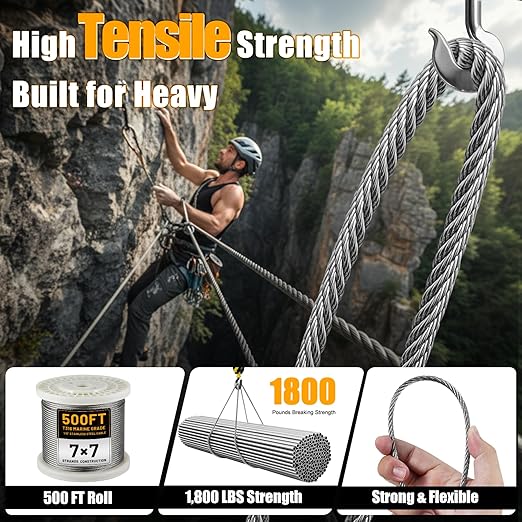 AHEONLAR 500FT 1/8" T316 Stainless Steel Cable for Railing,7x7 Wire Rope with Cutter,1850 lb Breaking Strength,Deck Stair Fence Hardware Kit for Indoor Outdoor Use,Silver