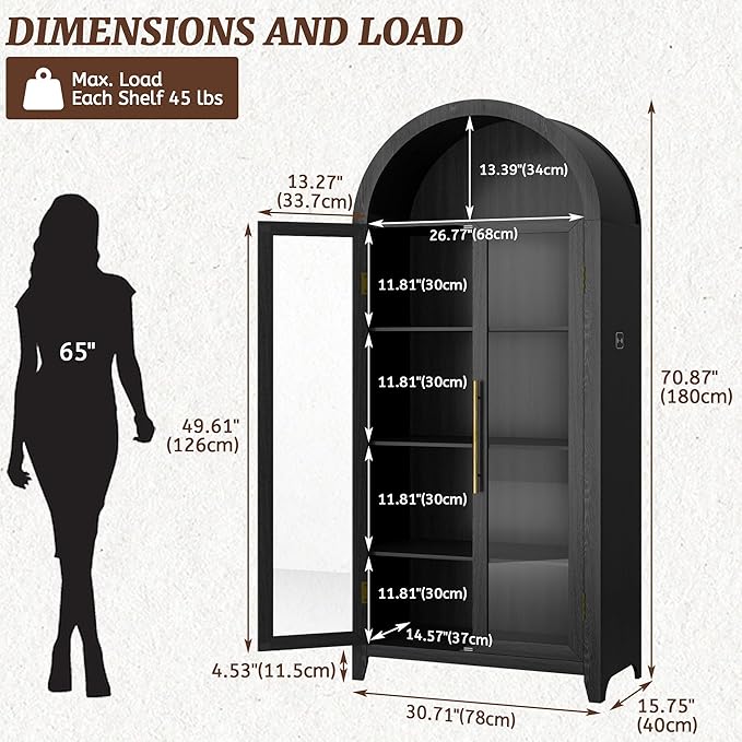 Vlsrka 71" Arched Display Cabinet with Glass Doors, Curio Cabinet with LED Light & Human Sensor, 5-Tier Display Cases for Collectibles, Storage Cabinet with Ajustable Shelf for Living Room(Black)