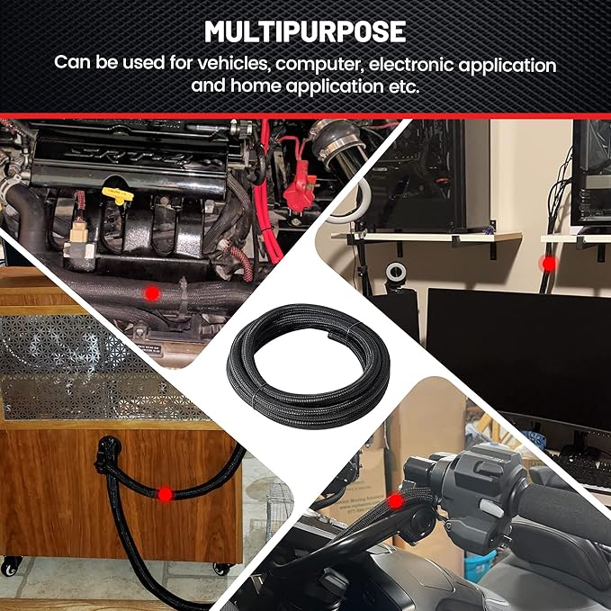 RED WOLF Braided Wire Cable Sleeve Split Wiring Sleeving 10 Feet - 1/2" Flexible Self-Wrap for Automotive Computer Cable Cord Management Cover Protector, Anti-Scratch High-Temperature Black