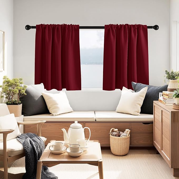 PONY DANCE Burgundy Short Blackout Curtains for Kitchen 2 Panels Set, Thermal Insulated Half Window Drapes for Christmas Decorations, Small Curtains for Bathroom, W 29 x L 24 inches, Red