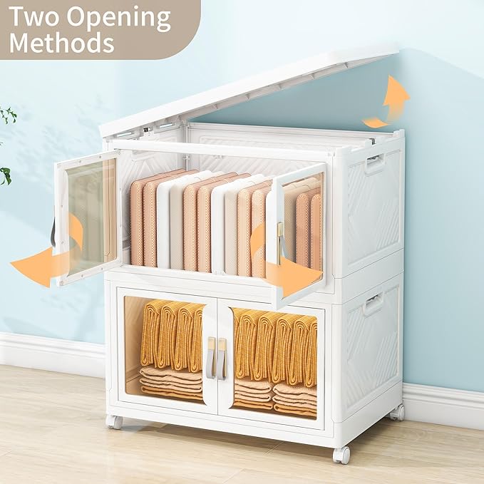 Large Clear Stackable Storage Bins with Lids, 199QT-99.5QT*2Tier Foldable Cabinet for Closet Organizers, Plastic Storage Box with Wheels White