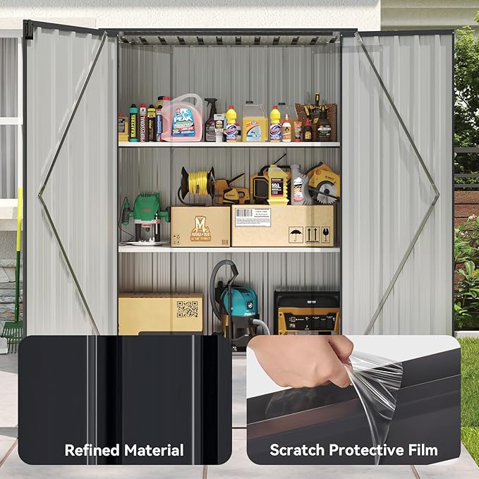 Outdoor Storage Cabinet Outdoor Metal Shed with 2 Adjustable Shelves 3 Layer Indoor& Outdoor Waterproof Vertical Storage Shed for Patio Garden, Garage, Porch (Black, 4.5'x1.4')