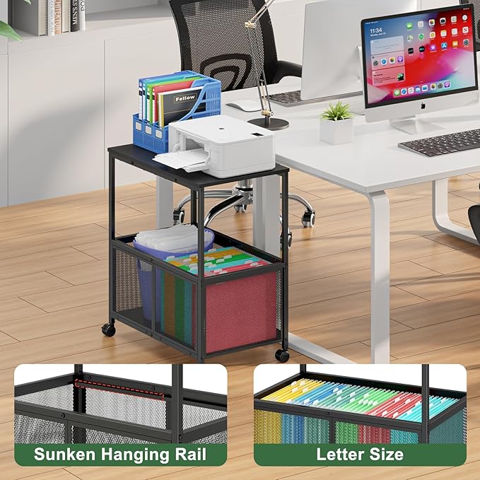 Rolling File Cart, Mobile File Cabinet with Wheels Hanging Files, Filing Cabinet Organizer Printer Stand File Organizer Fit Letter Size for Home Office, Black