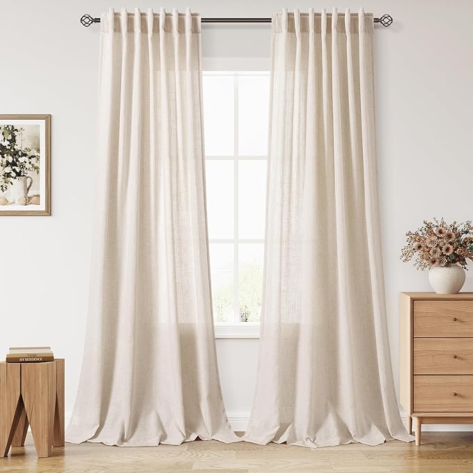 Nanspring Extra Long 120 Inch Curtains for Living Room Cream Beige Linen Light Filtering Semi Sheer Curtain Back Tab Modern Farmhouse Decor Floor to Ceiling High Window for Bedroom 52x120, 2 Panels