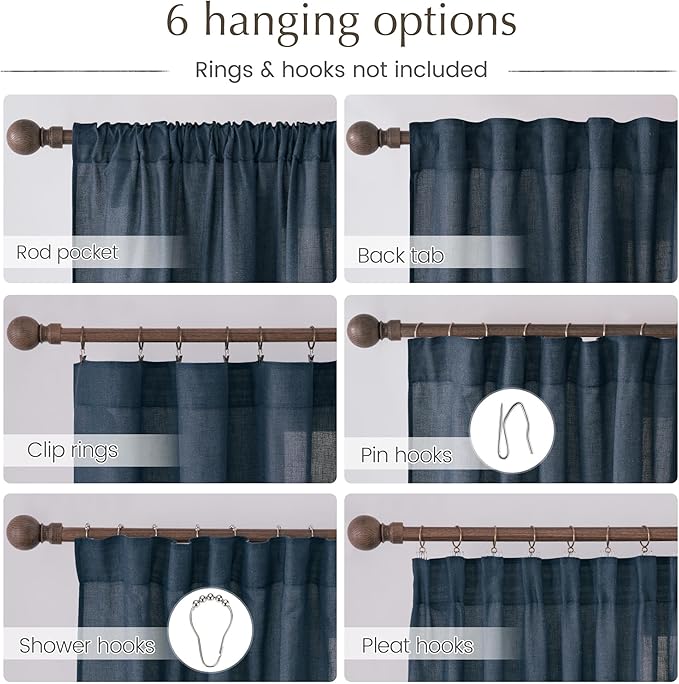NICETOWN Thick Linen Semi Sheer Navy Blue Curtains for Living Room, Pleat Tape Semi Sheer Privacy Added with Light Filtering Window Treatments for Farmhouse/Bedroom, W52 x L95, 2 Panels