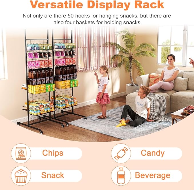 Retail Candy Display Rack, 70in Large Retail Display Shelf, Snack Rack Display Stand with Wheels and 50 Hooks, Removable Store Display Shelving Organizer Supermarket, Home, Kitchen