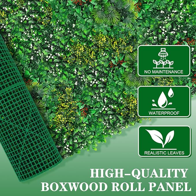 Grass Wall, Artificial Tropical Boxwood Panels 40"x120"(33.33 SQFT), Privacy Hedge Fence Screen with UV Protection, Greenery Backdrop for Indoor Home Wedding Decor and Outdoor Patio Backyard