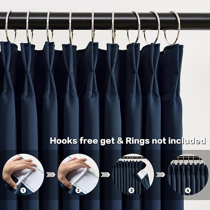 Pinch Pleated Curtains 104 Inches Long 2 Panels Set, Dark Indigo Blue Drapes Thermal Insulated Blackout Room Darkening Curtains for Bedroom,Window Draperies with Hooks(Navy Blue,40x104-inch)