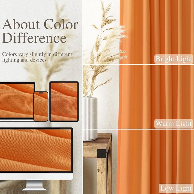 Orange Linen Textured 96 Inch Curtains 2 Panel Set Back Tab Rod Pocket Sheer Light Filtering Boho Room Decor Aesthetic Curtains Burlap Look Curtain Drapes for Living Room Bedroom 8Ft 52x96 Inch