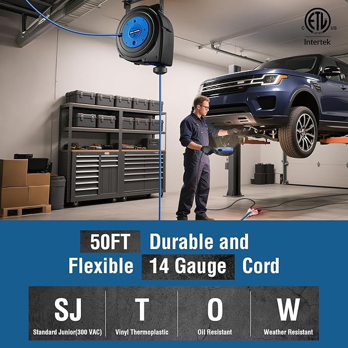 SURAIELEC 50FT Retractable Extension Cord Reel, 14AWG/3C SJTOW Heavy Duty Power Cord with Lighted Triple Tap, 13A Circuit Breaker, Ceiling/Wall Mount for Garage, Shop, Workshop, ETL Listed, Blue