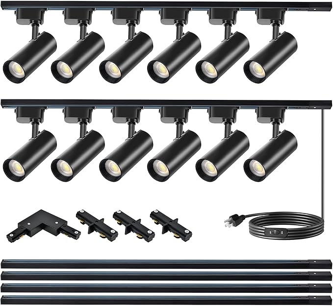 Ultra-Bright Black H Type Track Lighting Kit 4000K Natural White, 12 Heads 20W 2400lm with 13.1 FT Track Rails, Dimmable Plug in LED Track Lights Modern Indoor Spotlight Fixture