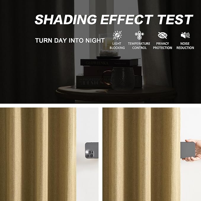 DUALIFE Gold Tan Pinch Pleated Blackout Curtains 104 Inches Long, Back Tab with Hooks, Linen Full Black Out Thermal Insulated Track Curtain for Bedroom Living Room,40 W x 104 L, 2 Panels