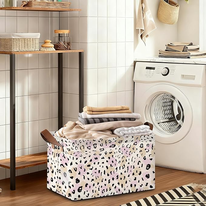 32L Large Storage Bins with Handles, Basket Organizer for Shelves, Closet, Books, Laundry & Home Decor (Pink Leopard Print)