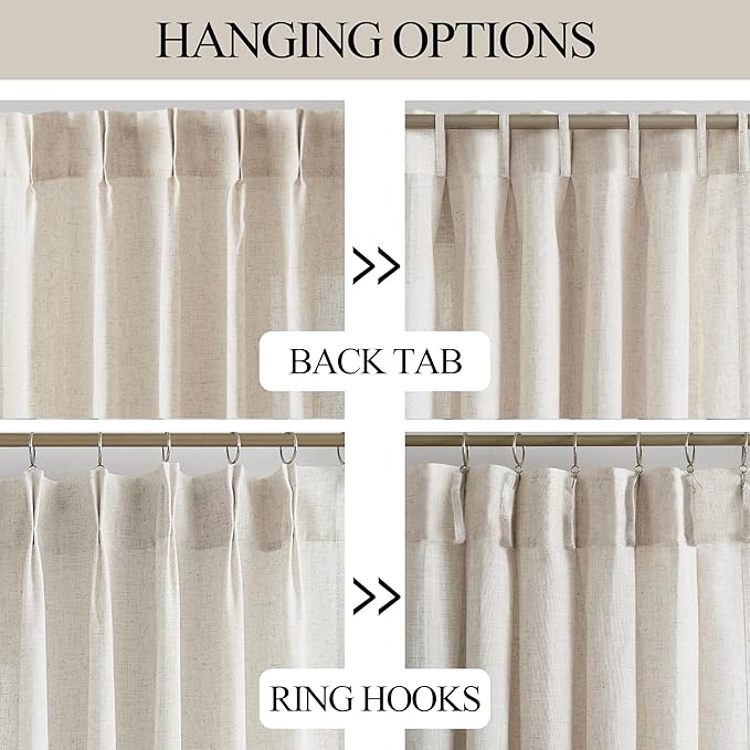 Vision Home Natural Pinch Pleated Semi Sheer Curtains Textured Linen Blended Light Filtering Window Curtains 95 inch for Living Room Bedroom Patio Pinch Pleat Drapes with Hooks 1 Panel 60" Wx95 L