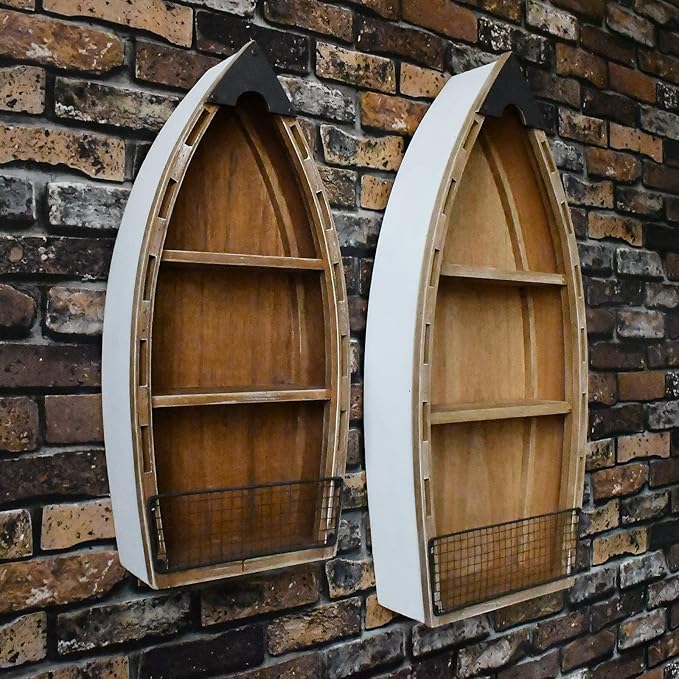 Aecipl Solid Wood Boat Shelf Decorative Nautical Wall Decor Beach Themed Bookcase Large Wooden 3-Tier Display Shelves for Home Kitchen Bedroom Living Room (31.4"+23.5" H)