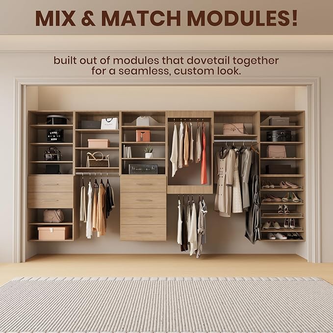 ROOMTEC 25.5" Tall Hanging Closet Unit, Modular Closet System with Hanging Rod, Wardrobe Organizer for Bedroom or Walk-in Closet, Wall Mounted, Customizable Clothes Storage Unit, Wood