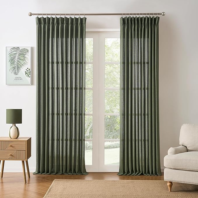 RAIN CITY Olive Green Sheer Curtains 92 Inches Long 2 Panels Set, Semi Sheer Boho Decor Light Filtering Privacy Window Drapes for Bedroom Living Room 50 Inch Wide x 92 Inch Long