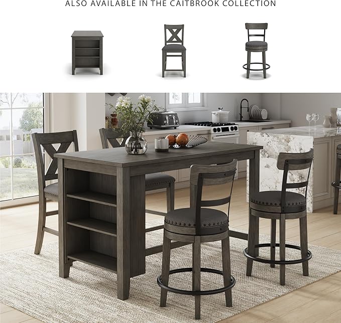 Signature Design by Ashley Caitbrook | Farmhouse Swivel 24" Counter Height Barstool – 360° Swivel, Upholstered with Nailhead Trim, Metal & Wood Frame, Gray