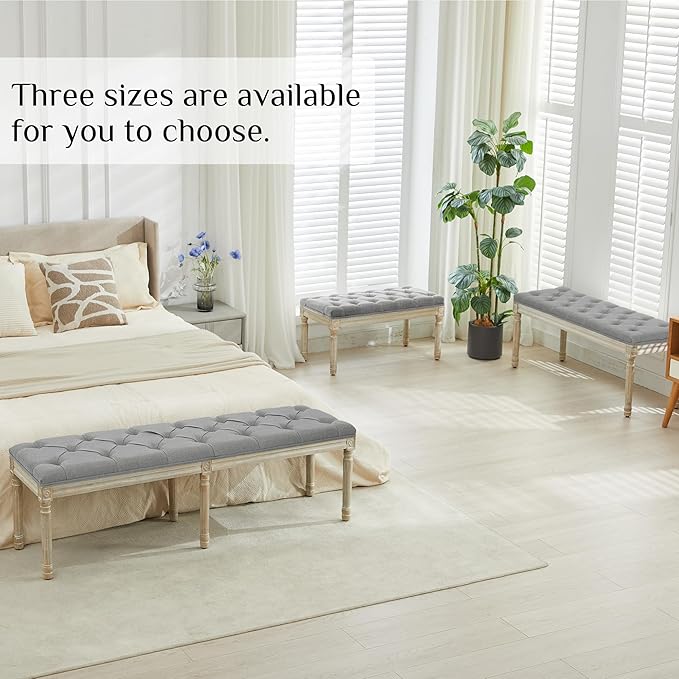 LOULENS 57.7" Linen Fabric End of Bed Bench, French Upholstered Button Tufted Bench for Bedroom End of Bed, Window Seat with Carved Wood Legs for Bedroom, Living Room, Entryway, Light Grey