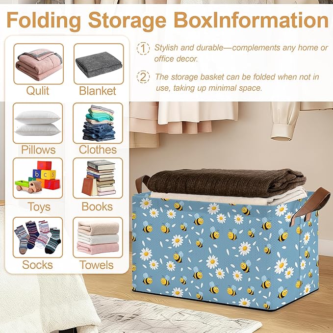 32L Large Storage Bins with Handles, Basket Organizer for Shelves, Closet, Books, Laundry & Home Decor (Bee Daisy)