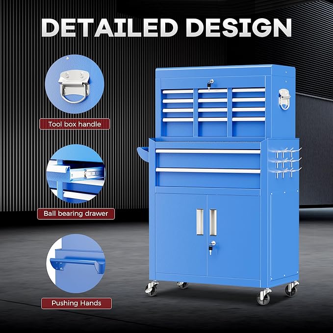 Bonusall 8 Drawer Rolling Tool Chest and Cabinet Combo,Heavy-Duty Metal Garage Tool Chest with Wheels and 2 Doors,2-in-1 Top Box and Roller Cabinet Combo for Garage, Workshop, Warehouse-Blue