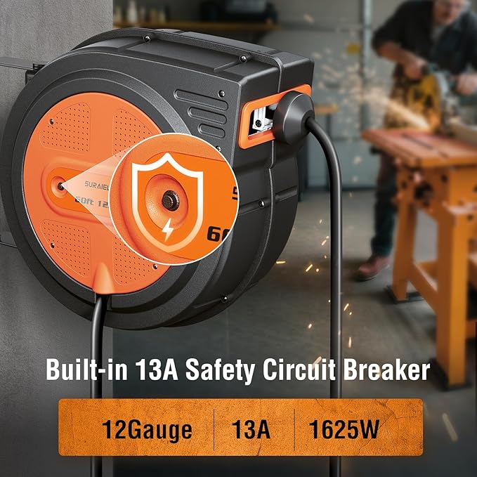 SURAIELEC 12 Gauge Extension Cord Reel, 60 FT Retractable Extension Cord, 12 AWG/3C SJTOW Heavy Duty Power Cord, 13 AMP Circuit Breaker, Lighted Triple Tap, Ceiling or Wall Mount, ETL Listed, Orange
