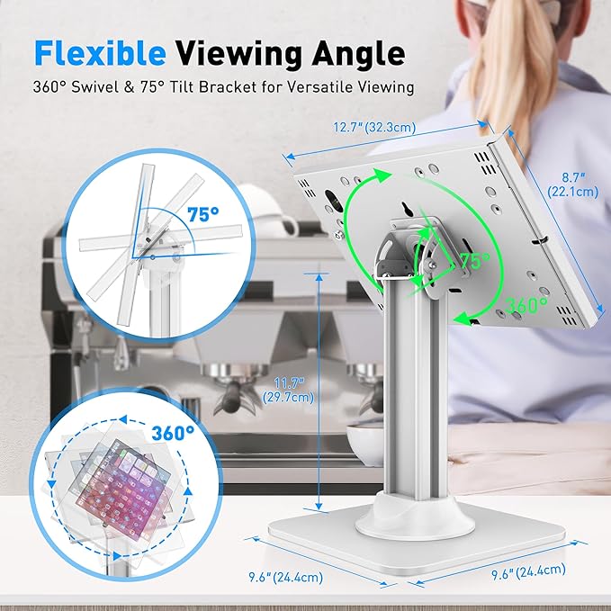 AboveTEK Anti-Theft iPad Kiosk Stand – POS iPad Security Stand & Locking Tablet Holder – Heavy Duty Base, 360° Swivel, 75° Tilt Bracket – Perfect for Retail Business (White)