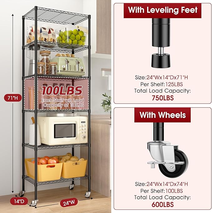 3 Pack Rolling 6-Tier Space-Saving Garage Wire Rack Shelving, 14"D x 24"W x 71"H Adjustable Metal Shelving with Wheels, 750 lbs Capacity Heavy Duty Storage Shelves for Garage, Closet & Kitchen, Black