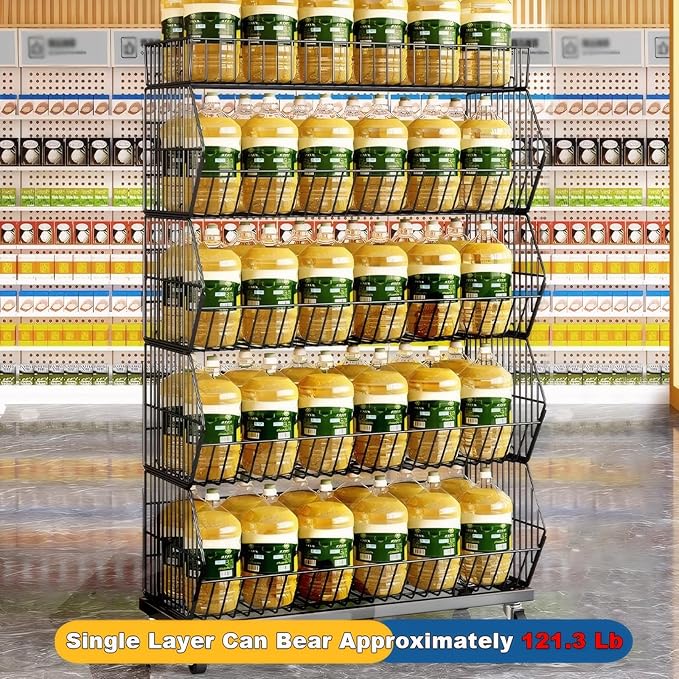 5-Tier Slanted Rolling Retail Display Rack with Locking Wheels | Heavy-Duty Metal Snack & Chip Display Stand for Grocery Stores, Supermarkets, Bakery | Space-Saving Store Organization Shelf