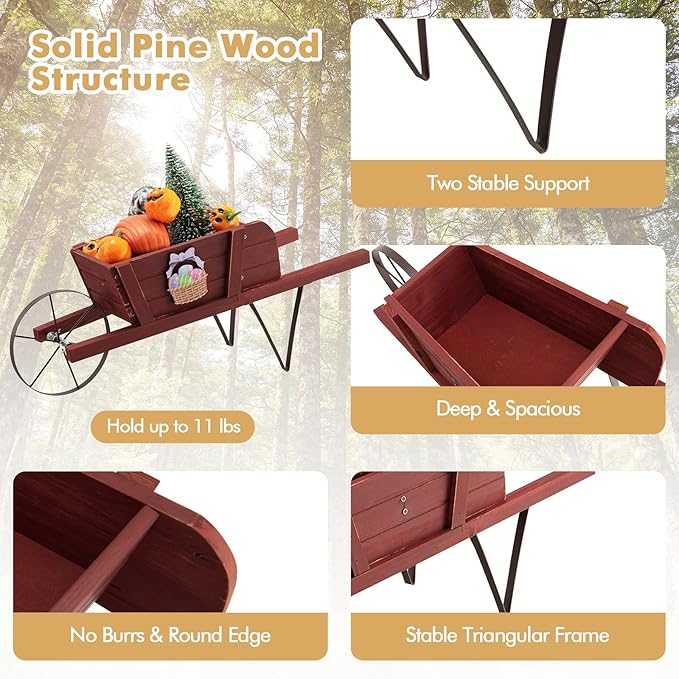 Wooden Wagon Planter, Flower Cart Display Stand w/Metal Wheels & Removable Magnetic Decoration, Wagon Decorative Garden Planter for Plants & Seasonal Displays, Pine Wood (Red)