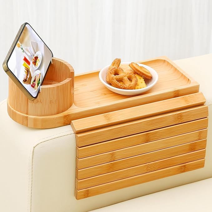Couch Cup Holder Tray, 15.75" Bamboo Cup Holder for Couch, 3 in 1 Foldable Arm Chair Clip on Side Tray Table for Remote Snack Table on Armrest