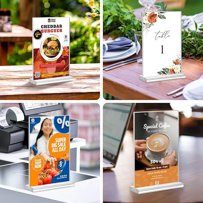Acrylic Sign Holder 5.5 x 8.5, 10 Pack Double-Sided Stand up Table Top Clear Sign Holders, T Shape Plastic Acrylic Picture Frame Menu Flyer Paper Holder Display Stands for Office Store Wedding Party