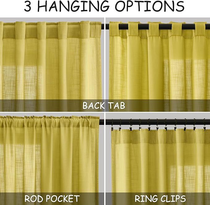 Celery Yellow Curtains 96 Inch Long 2 Panels Set Back Tab Rod Pocket Linen Blend Textured Semi Sheer Light Filtering Boho Decor Curtains Aesthetic Room Decor for Bedroom and Living Room 8Ft 52x96 Inch