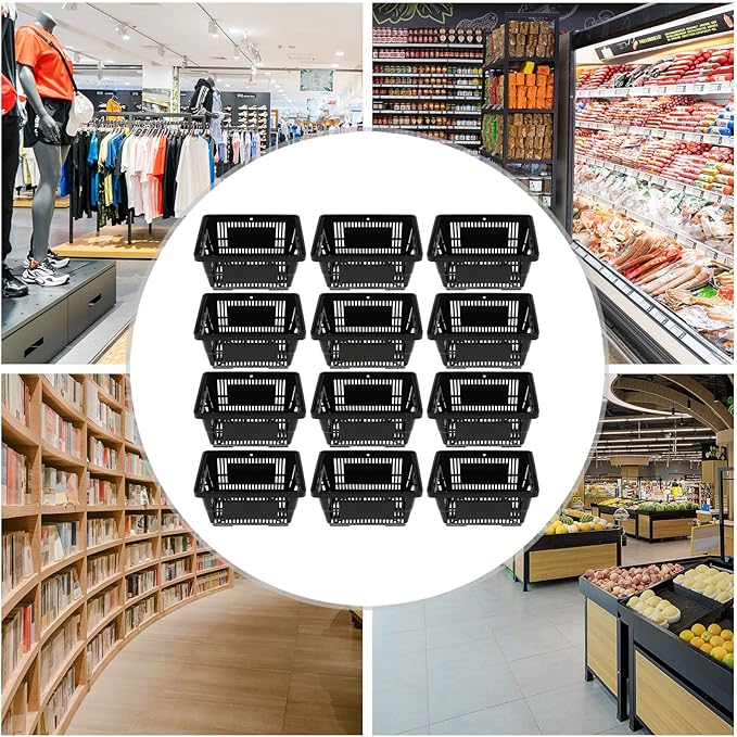 12 Pcs Shopping Baskets,21L/5.5gal Durable Black Plastic Store Shopping Baskets w/Handles Convenient Sundry Laundry Basket,17*9*12in Portable Store Retail Baskets Set for Market Thrift,Black